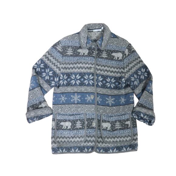 Vintage 90s David Brooks grey and blue polar bear snowflake blanket coat M - Picture 5 of 8